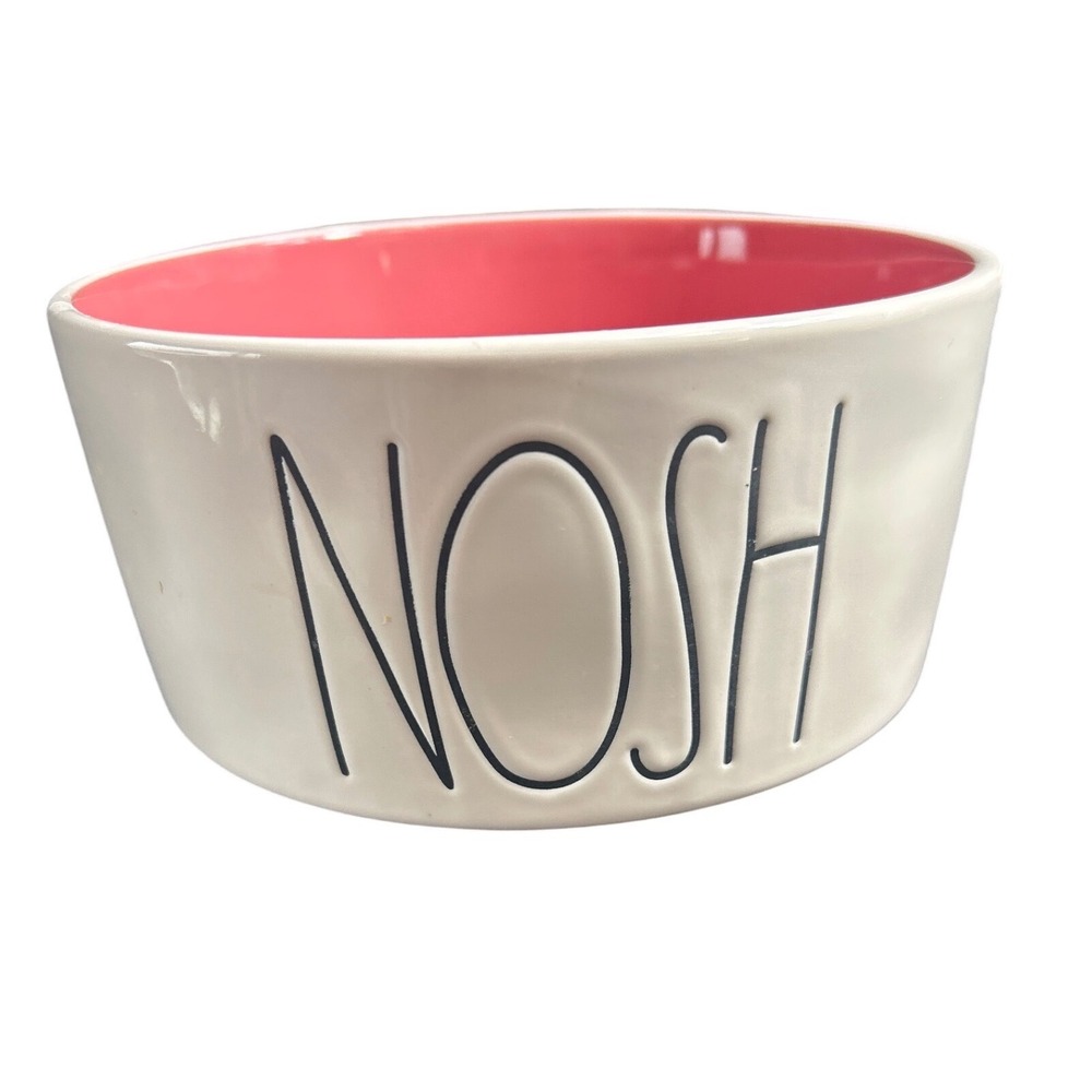 Rae Dunn NOSH Pet Bowl Cream with Pink Interior Ceramic Artisan Collection 6in